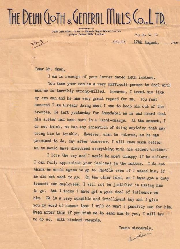 Lala Shri Ram Letter to Mansukh Bapuji 1940